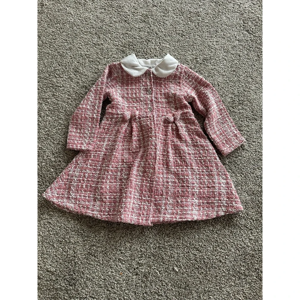 Nannette Kids Pink Tweed Boucle Dress Peter Pan Collar 3T Metallic Shimmer Bows